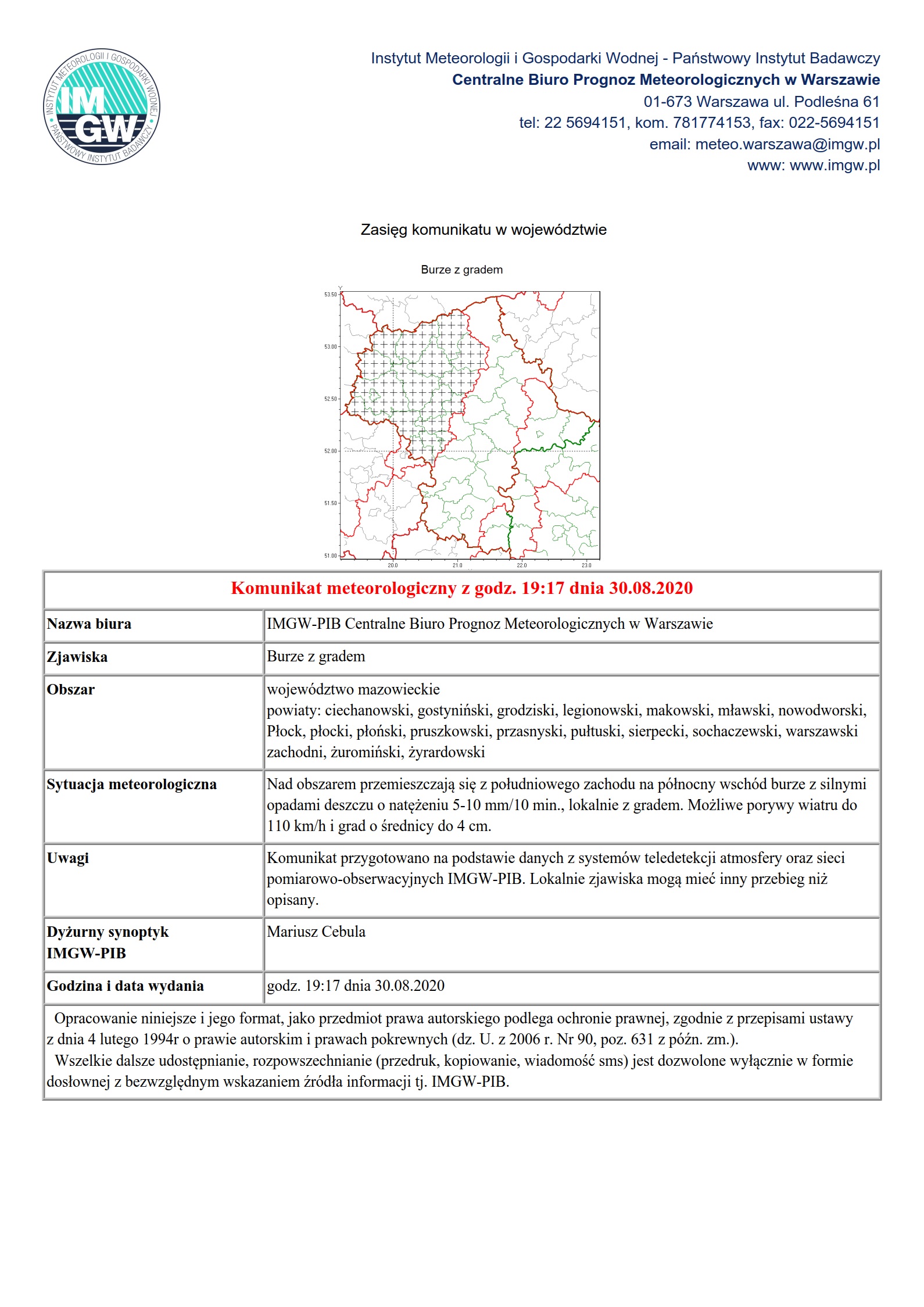 [19.17 - 30.08.2020] Ostrzeżenie meteorologiczne